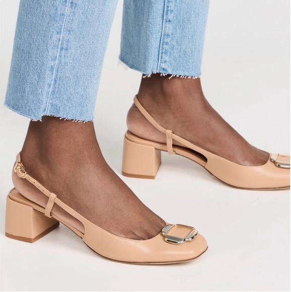 Larroude 8.5 Maria Slingback Block Nude Tan Heel Pumps Square Toe Buckle Leather - Picture 1 of 9